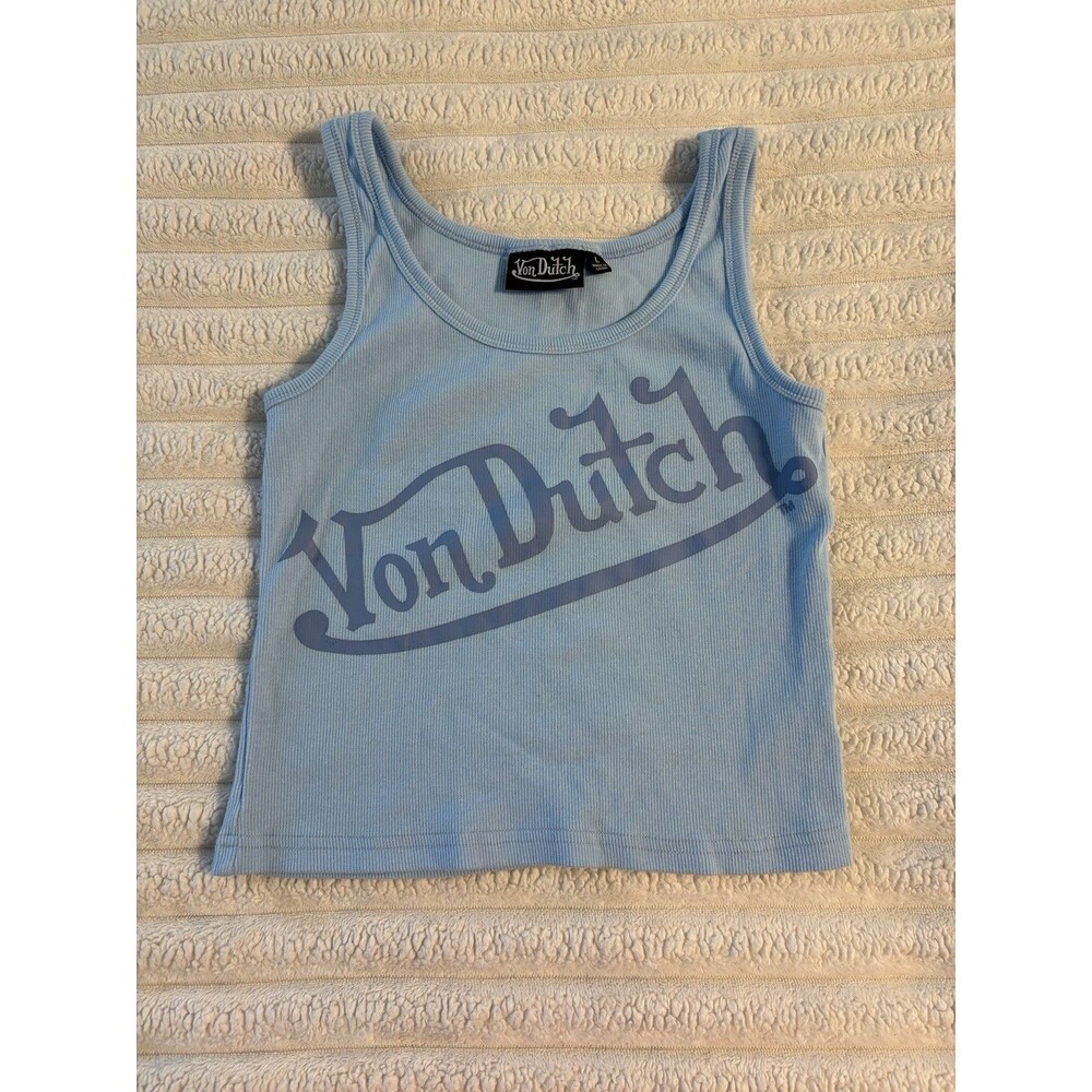Von Dutch Tank Top Womens Large Baby Blue Logo All Over Crop Y2K Motorcycle